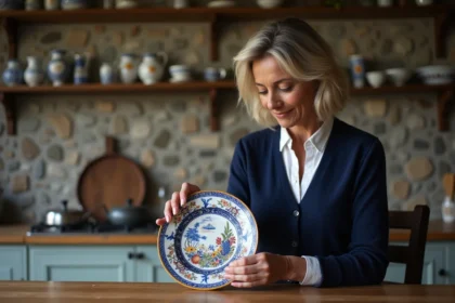 Femme examinant une assiette Quimper en cuisine bretonne