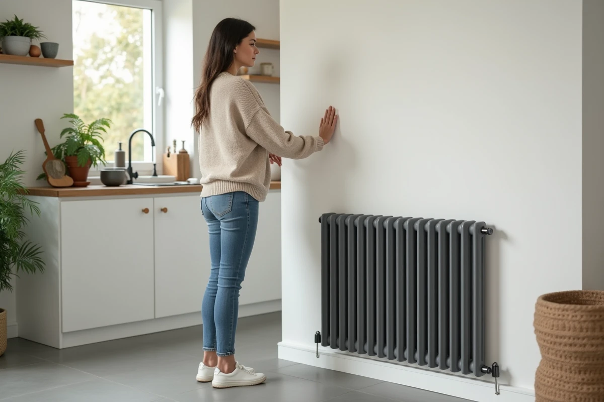 Jeune femme dans une cuisine moderne avec un radiateur compact