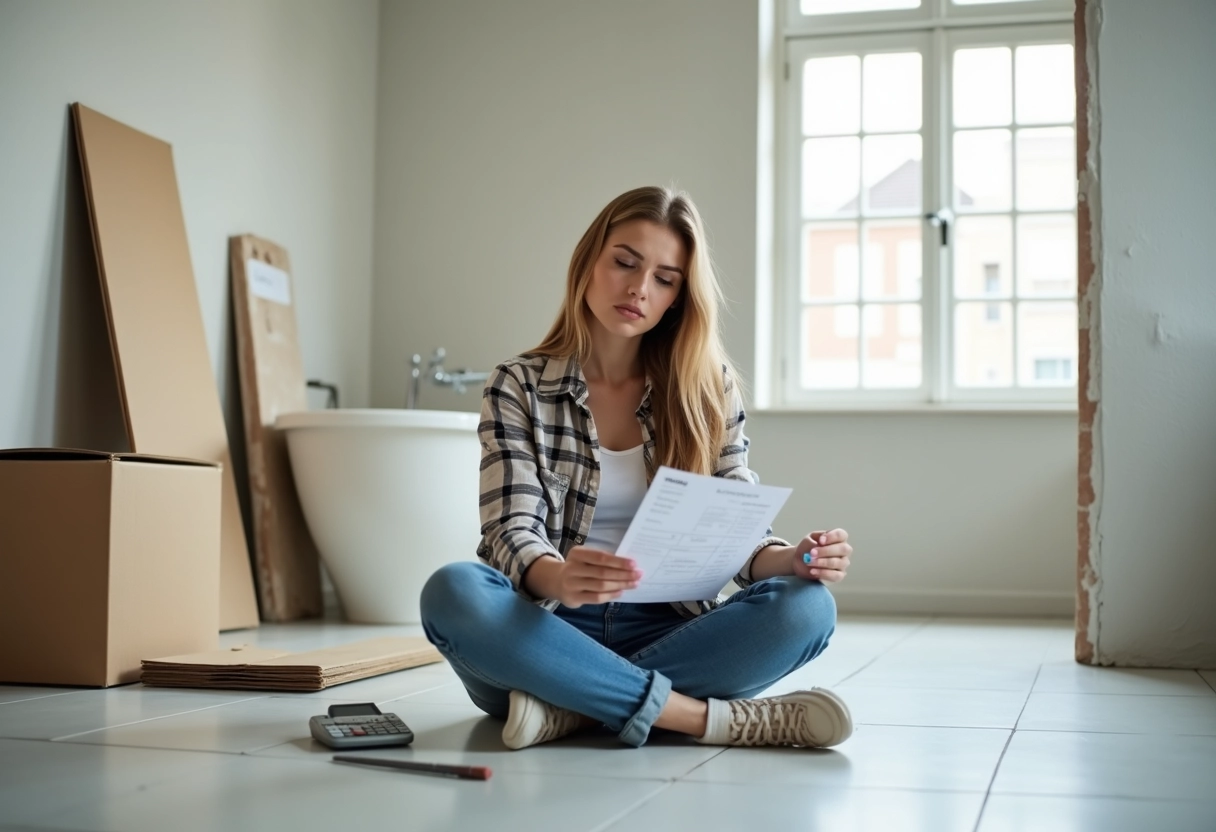 Jeune femme vérifiant une facture dans un bain en rénovation