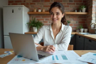 Femme analysant plans de renovation dans une cuisine moderne