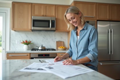 Femme souriante examine des plans de renovation dans une cuisine moderne