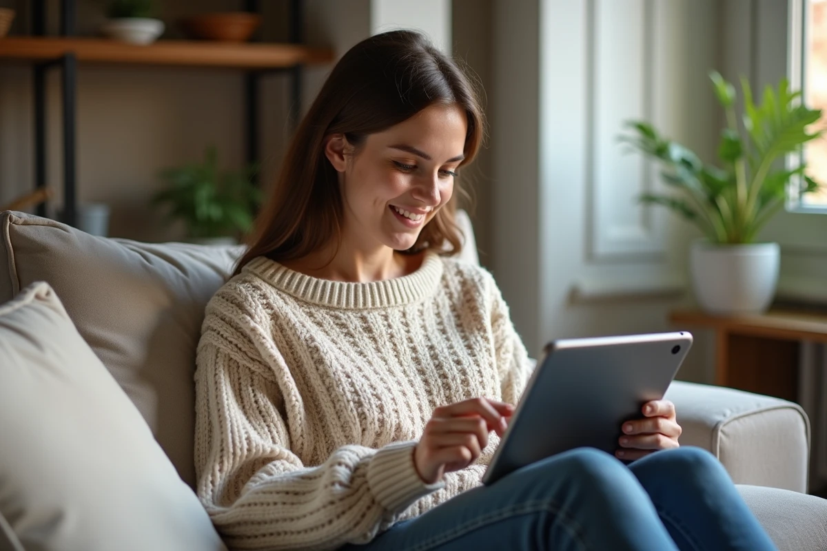 Femme souriante utilisant une tablette dans un salon cosy