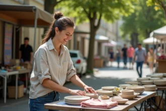 Femme organisant des objets vintage sur un stand de vide grenier dans le 92, avec des céramiques et vêtements d'occasion en vente