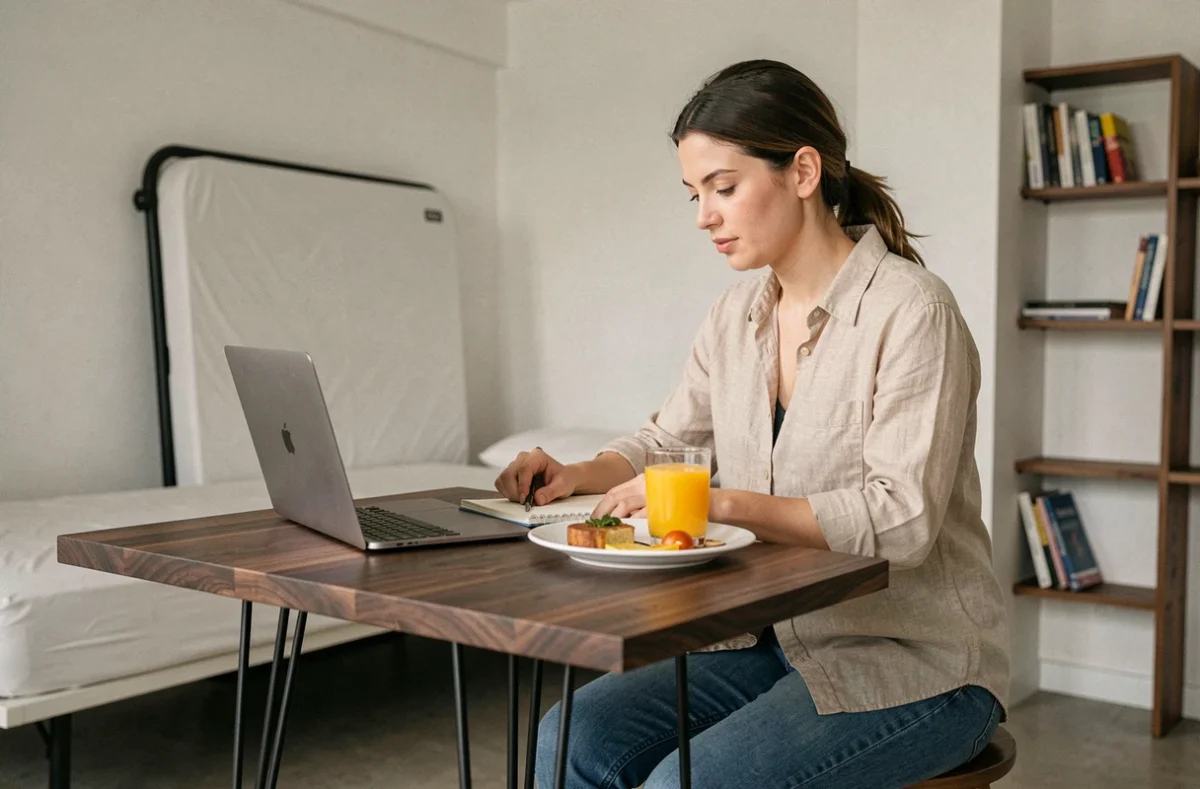 Femme travaillant et prenant son petit-déjeuner à une table bar en bois foncé dans un studio moderne avec lit escamotable