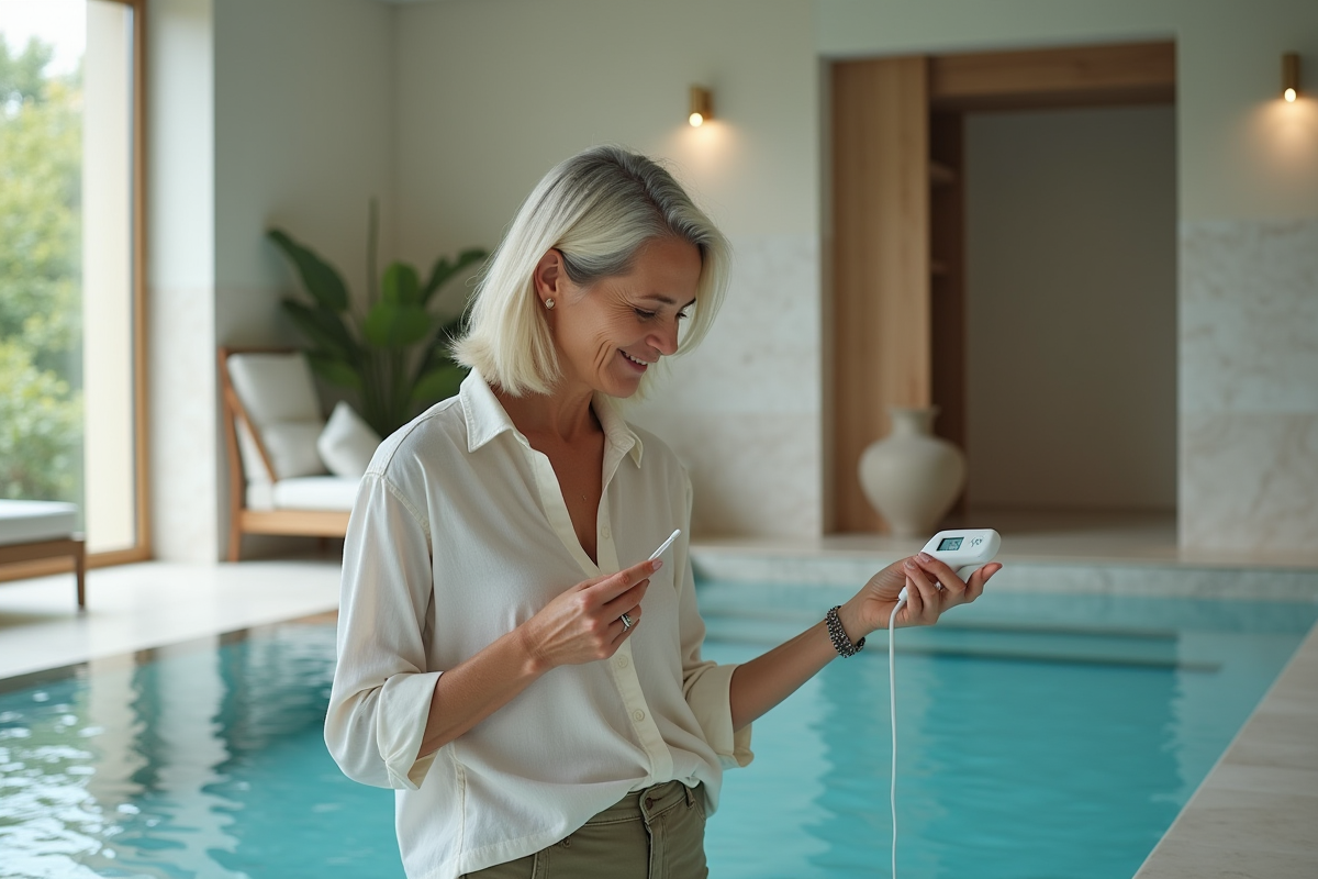 Femme vérifiant la température de la piscine intérieure
