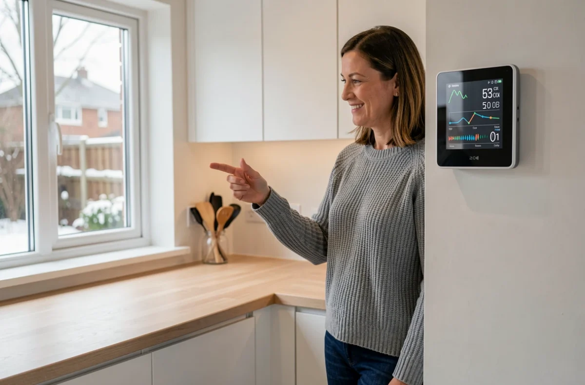 Femme consultant les données de COP et d'économies d'énergie sur un thermostat connecté