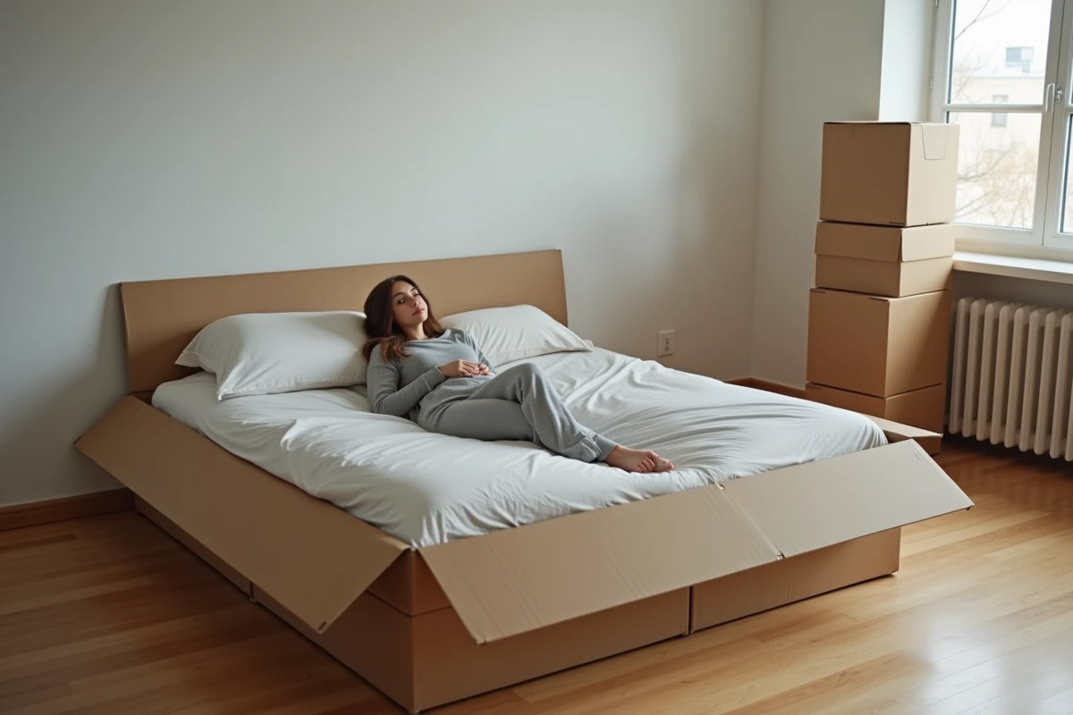 Jeune femme en pyjama dans une boîte lit minimaliste