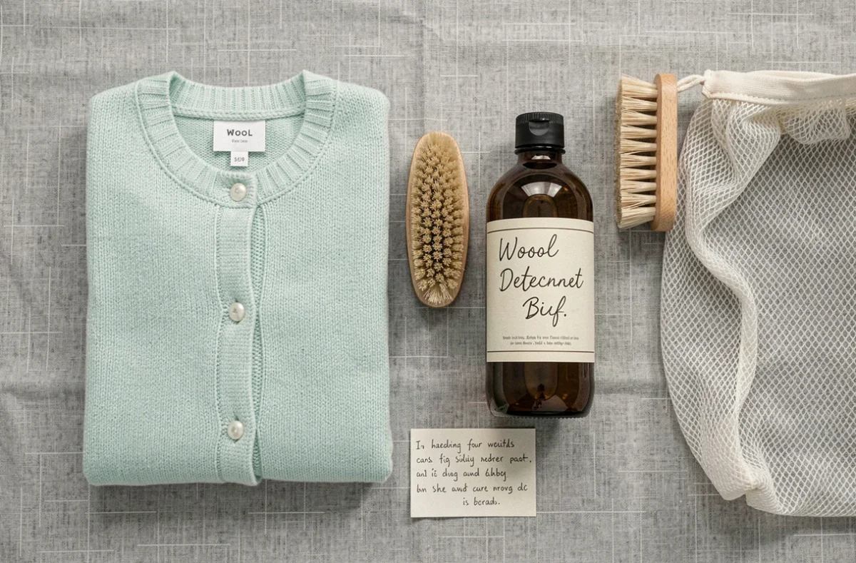 Flat lay soins et entretien vêtement bébé en laine bebecolor avec accessoires lavage et fiche conseils