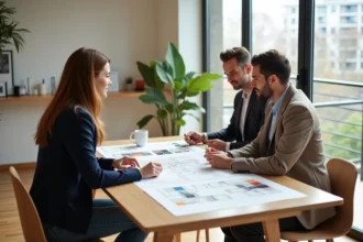 Avant-projet sommaire avec un décorateur d'intérieur en pleine discussion