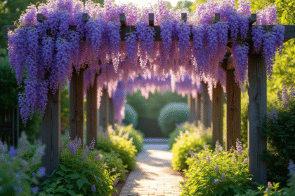 Vignes de glycine en fleurs cascade sur une pergola rustique