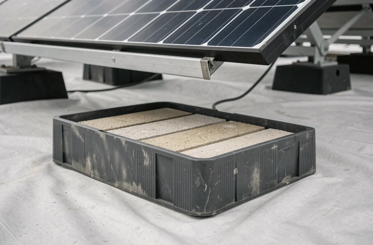 Gros plan d'un bac à lester en polymère avec pavés en béton soutenant le cadre d'un panneau solaire incliné sur toiture plate