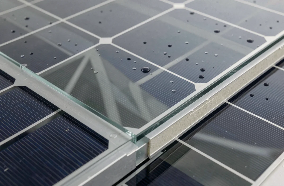 Gros plan sur les cellules photovoltaïques d'un panneau solaire double face avec détail verre bifacial