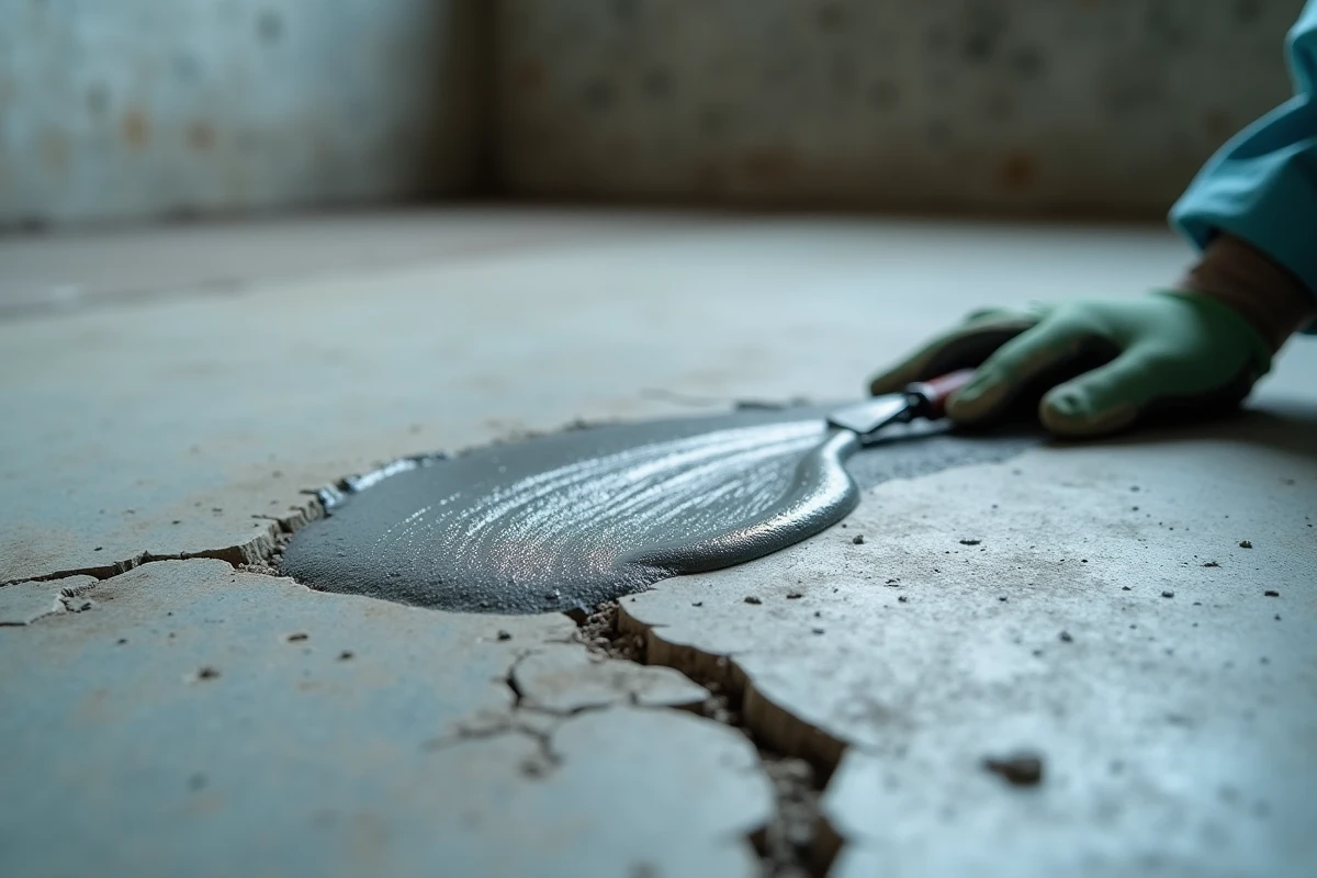 Gros plan sur un cordon de ciment chimique appliqué sur une surface en béton fissuré avec buse métallique visible