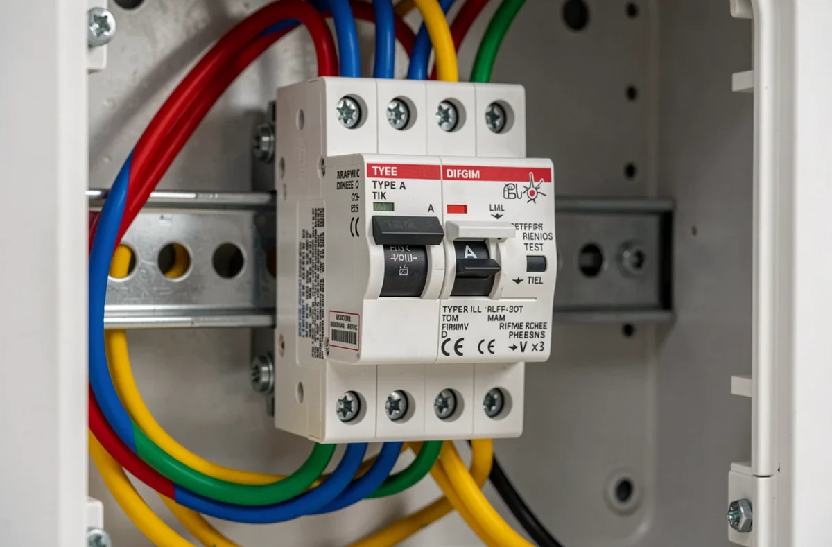 Gros plan sur un disjoncteur différentiel type A avec bouton de test visible dans un tableau électrique