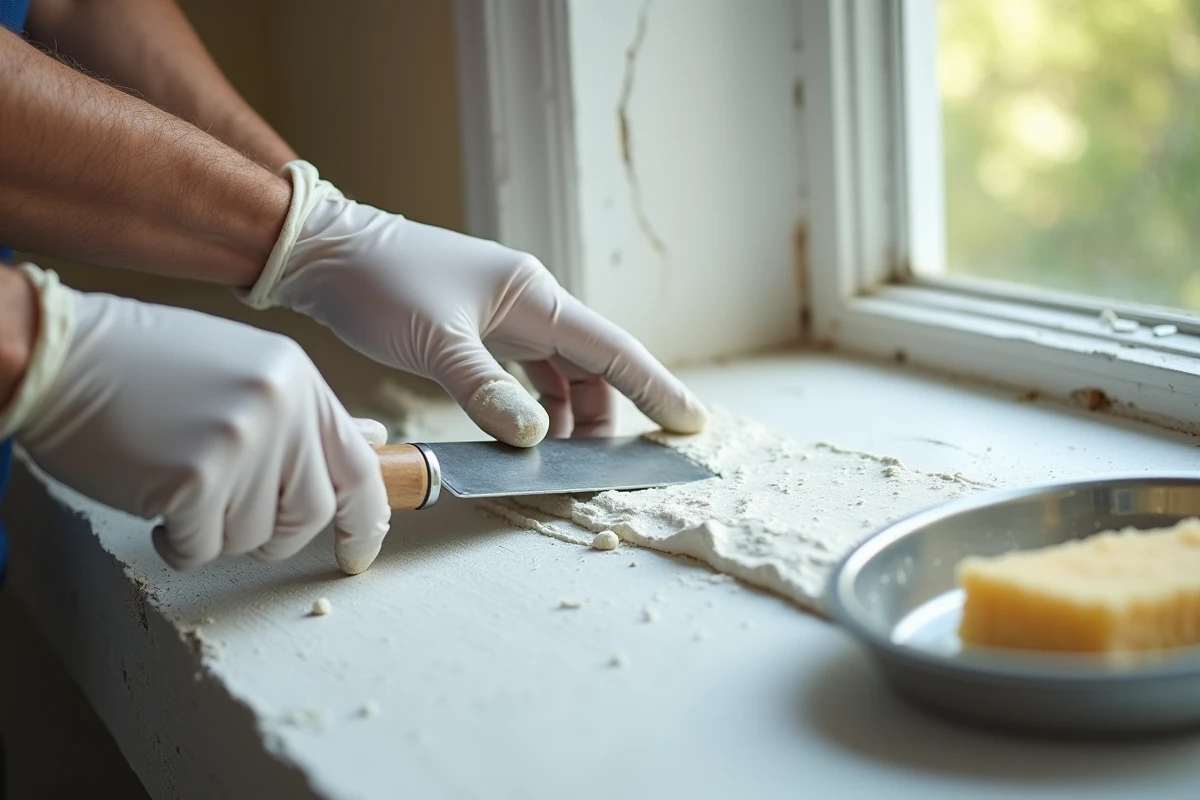 Gros plan sur des mains gantées appliquant de l'enduit map dans une fissure profonde d'un mur intérieur avec une spatule flexible