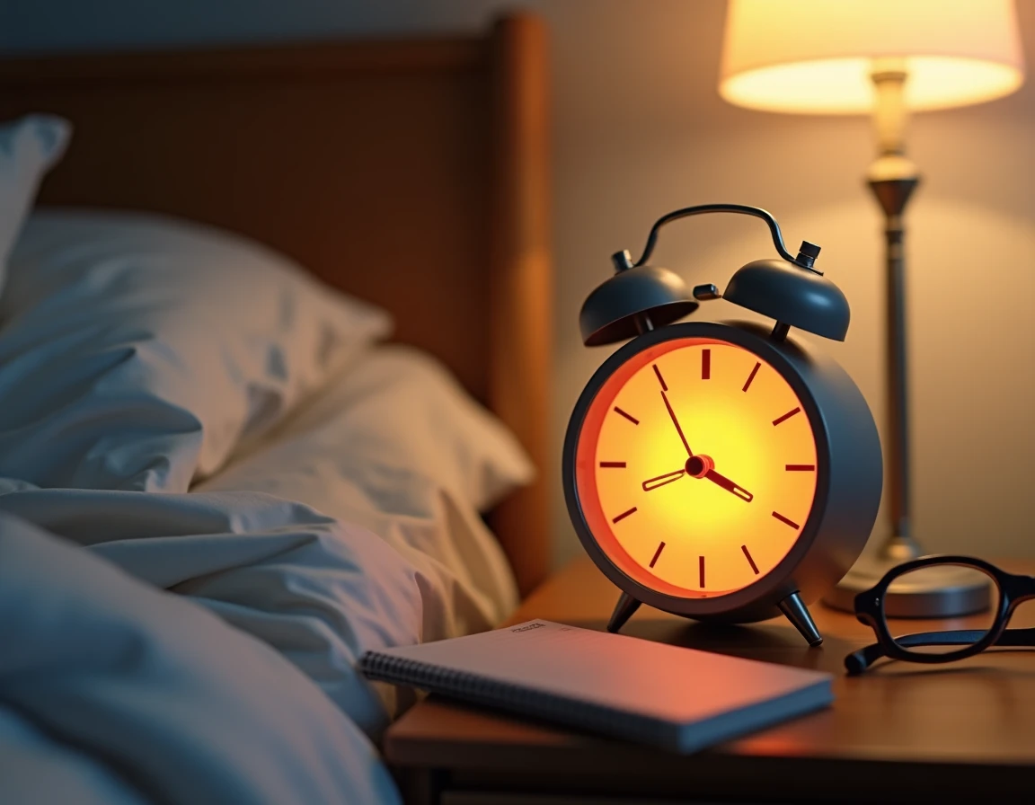Gros plan d'un réveil simulateur d'aube sur une table de nuit avec un carnet de planning horaires décalés posé à côté