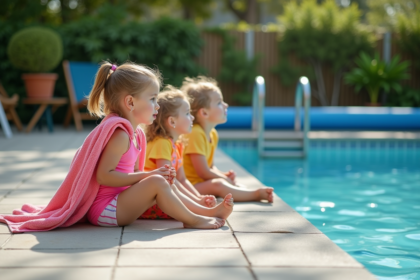 Enfants en maillots colorés près de la piscine extérieure