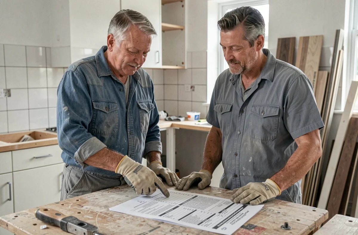 Artisan et propriétaire étudiant ensemble un guide des prix de rénovation dans une cuisine en chantier