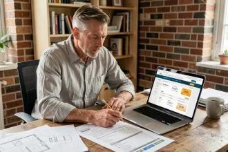 Homme consultant un guide des prix de rénovation sur ordinateur portable avec des devis imprimés sur un bureau en bois