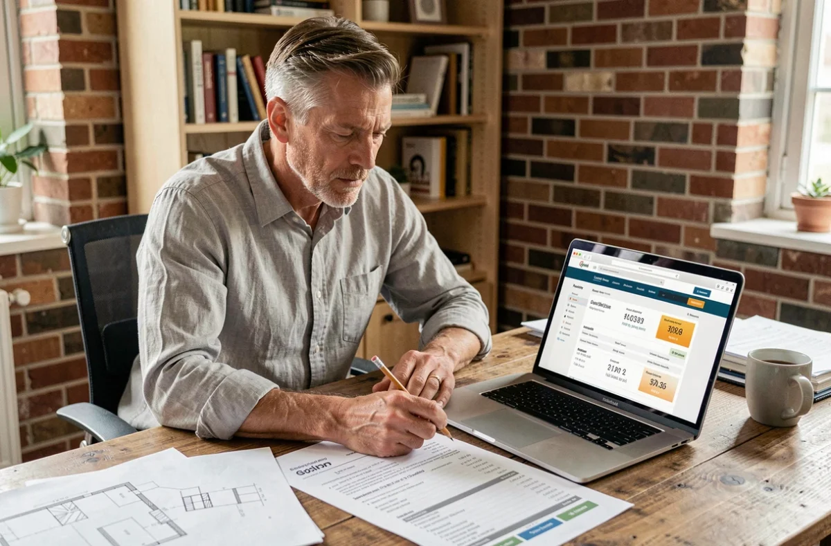 Homme consultant un guide des prix de rénovation sur ordinateur portable avec des devis imprimés sur un bureau en bois