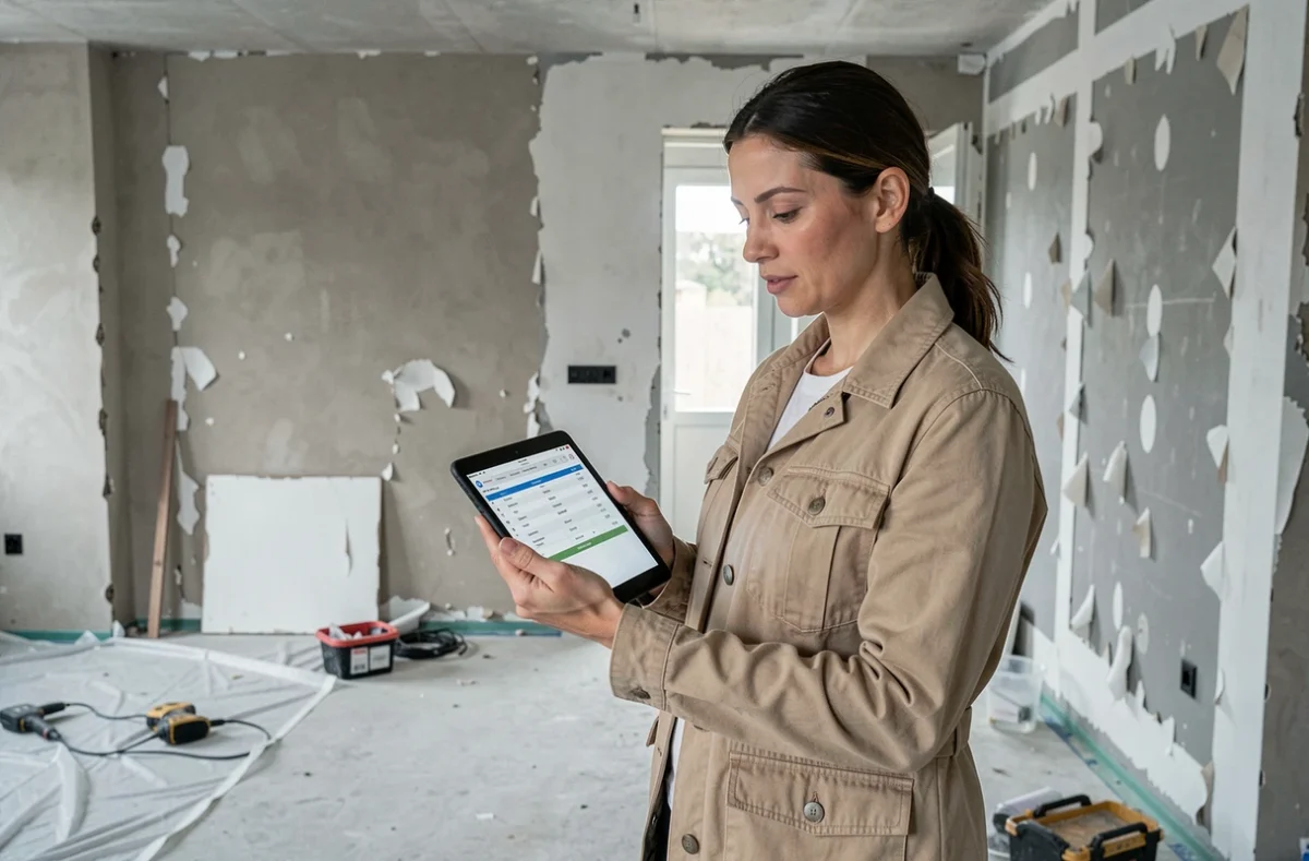 Femme consultant un guide de prix rénovation sur tablette dans un appartement en cours de travaux