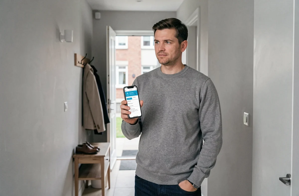 Homme consultant une application de comparaison d'assurance habitation sur son smartphone dans le couloir de son appartement