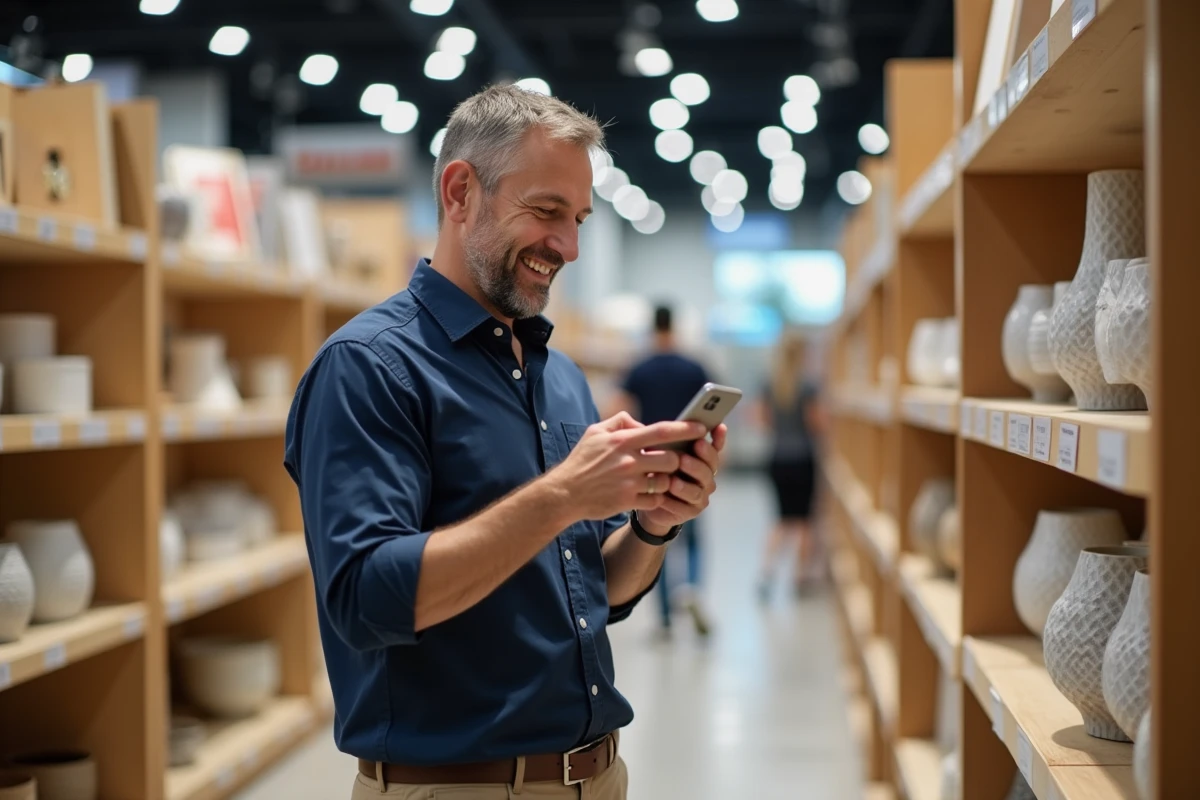 Homme utilisant une application de réduction CSE dans un magasin de décoration maison