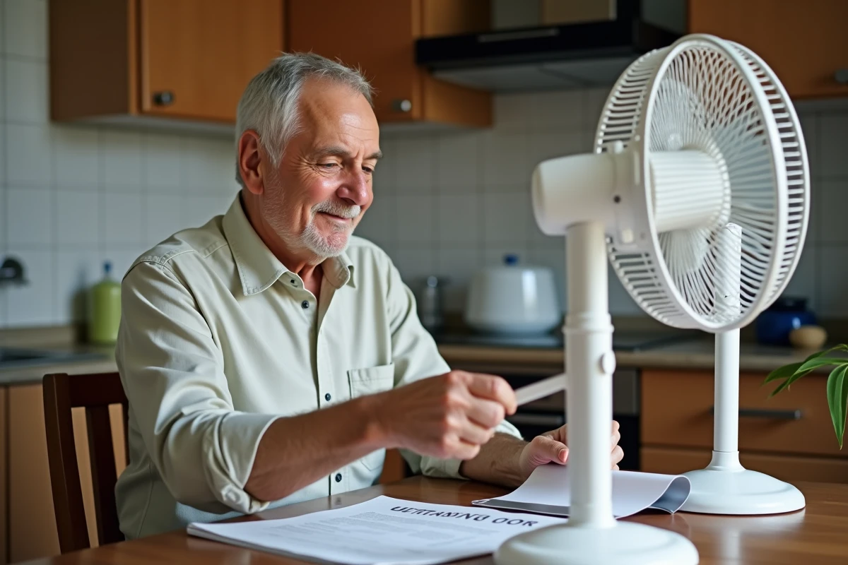 Homme assemble un ventilateur dans sa cuisine