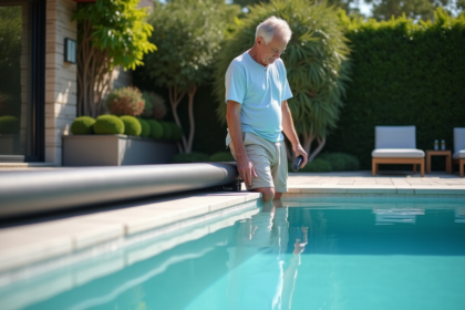 Homme d adulte utilisant une couverture automatique de piscine