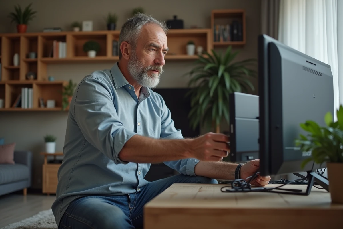 Homme connectant une antenne TV moderne dans un salon calme