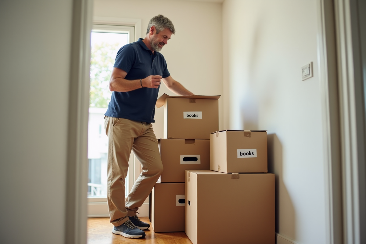 Homme déplaçant une boîte de livres dans un couloir lumineux