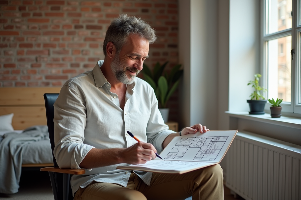 Homme esquissant un plan de chambre dans un appartement