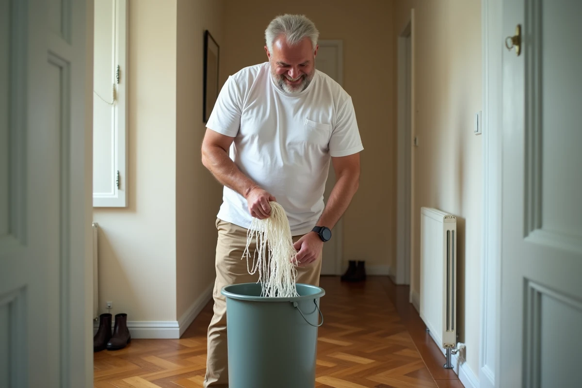 Homme en t shirt blanc essorant une serpillere dans un couloir lumineux