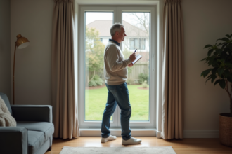 Homme d'âge moyen examine une fenêtre double vitrage dans un salon