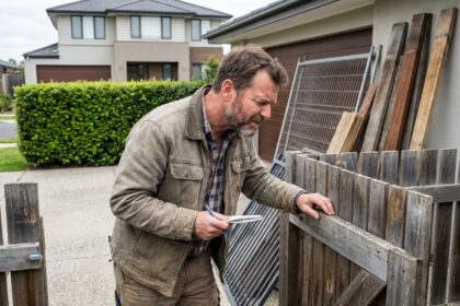 Homme d'âge moyen examine un portail en bois avec un carnet