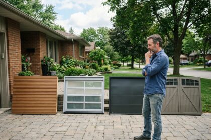 Homme regardant des portes de garage modernes devant sa maison