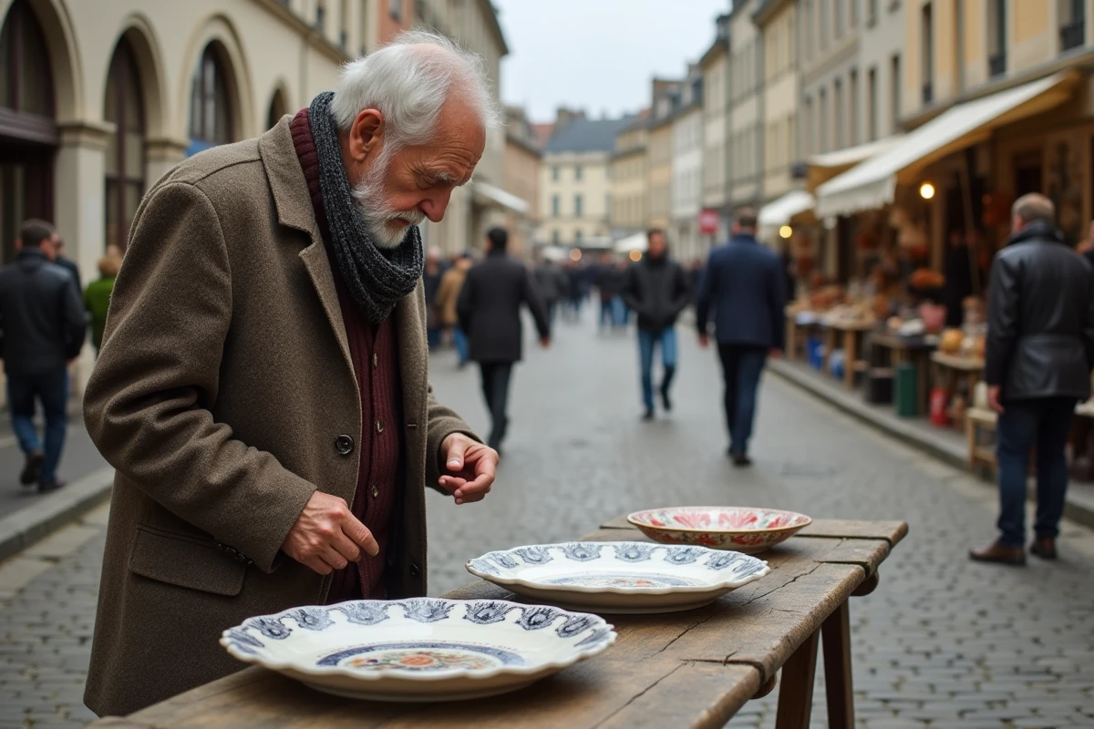 Homme comparant deux assiettes Quimper sur un marché en plein air