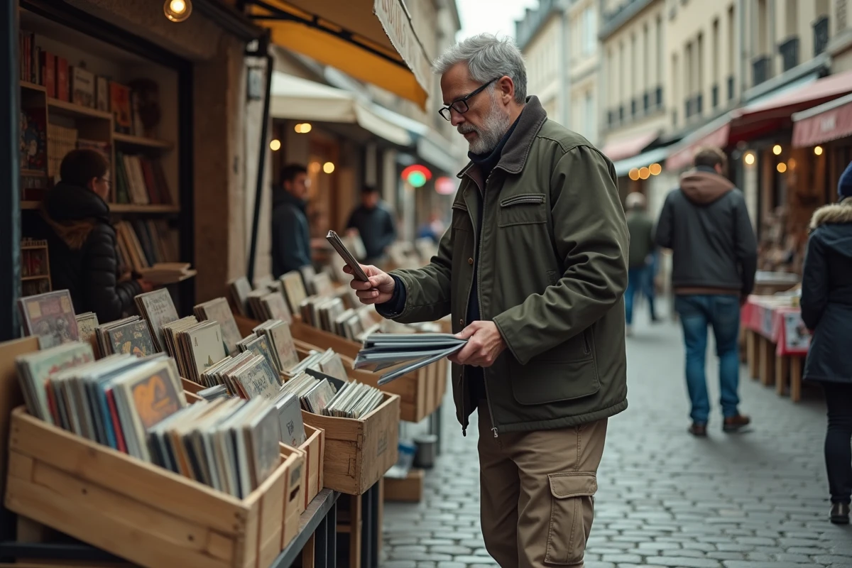 Homme fouillant des vinyles et livres anciens dans un bac en bois lors d'un vide grenier en Hauts-de-Seine