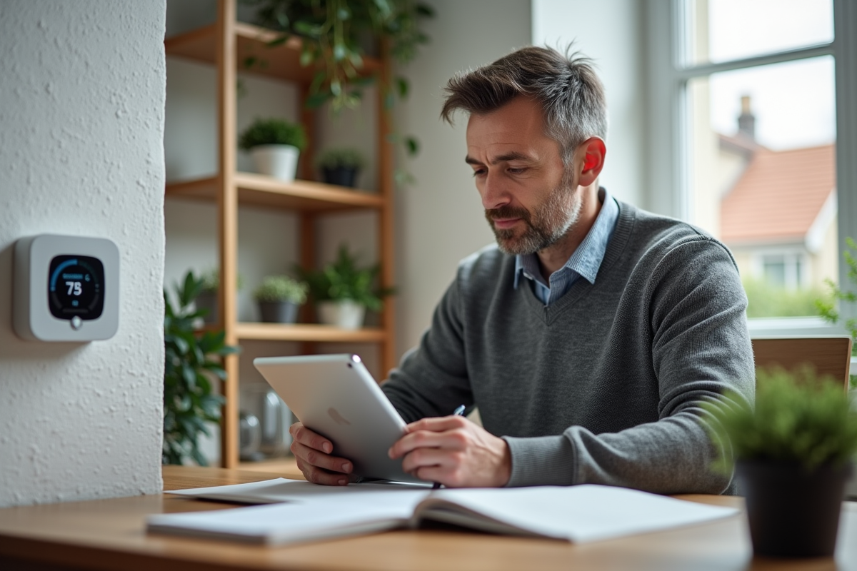 Homme d'âge moyen vérifiant un thermostat dans un bureau à domicile