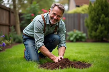 Homme d'âge moyen en tenue de jardinage étalant du compost dans le jardin