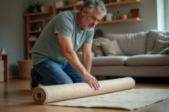 Homme d'âge moyen déployant un tapis bon marché dans un salon