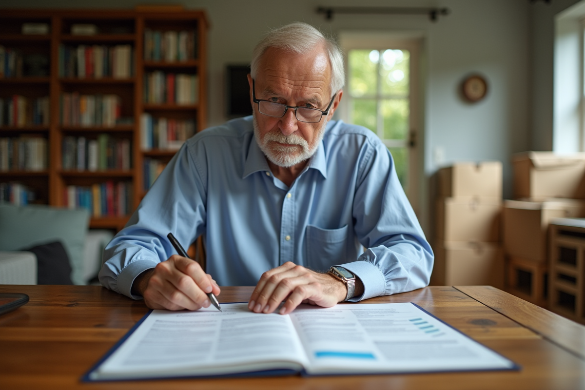 Homme âgé vérifiant documents de changement d