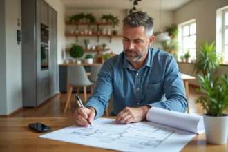 Homme d'âge moyen étudiant des plans de rénovation dans une cuisine lumineuse