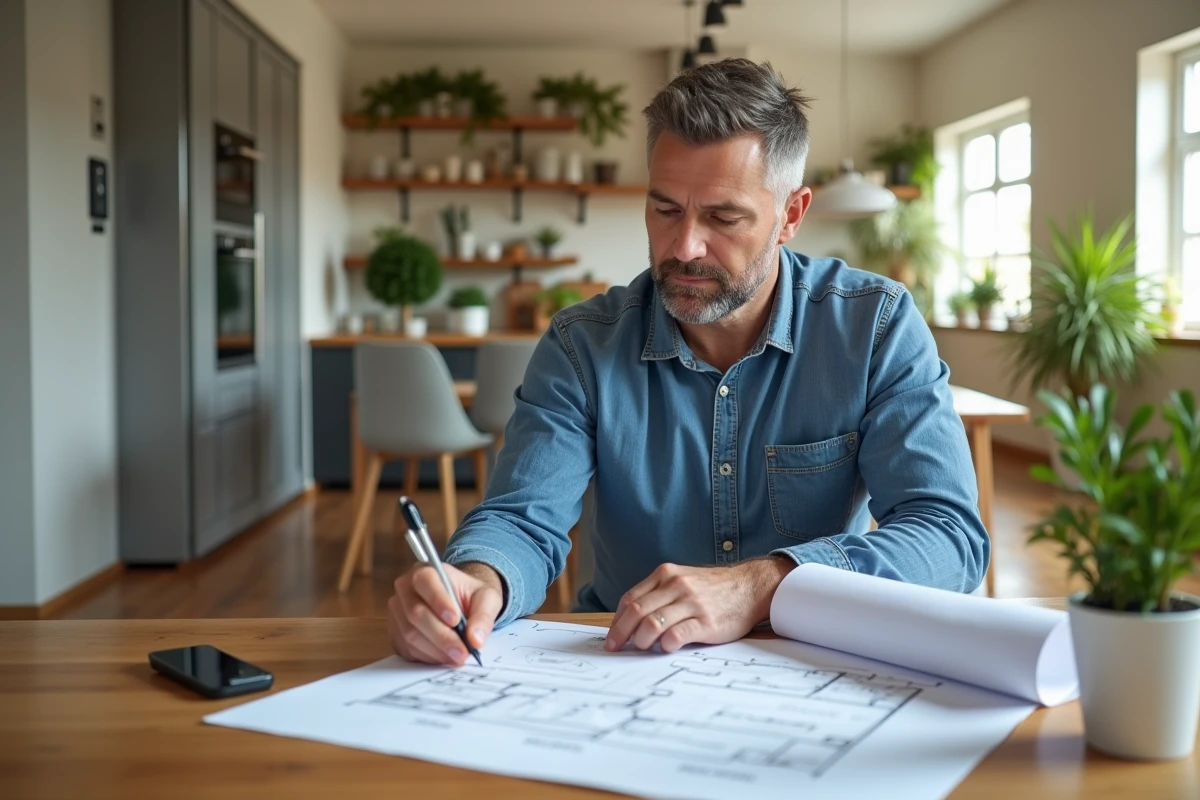 Homme d'âge moyen étudiant des plans de rénovation dans une cuisine lumineuse