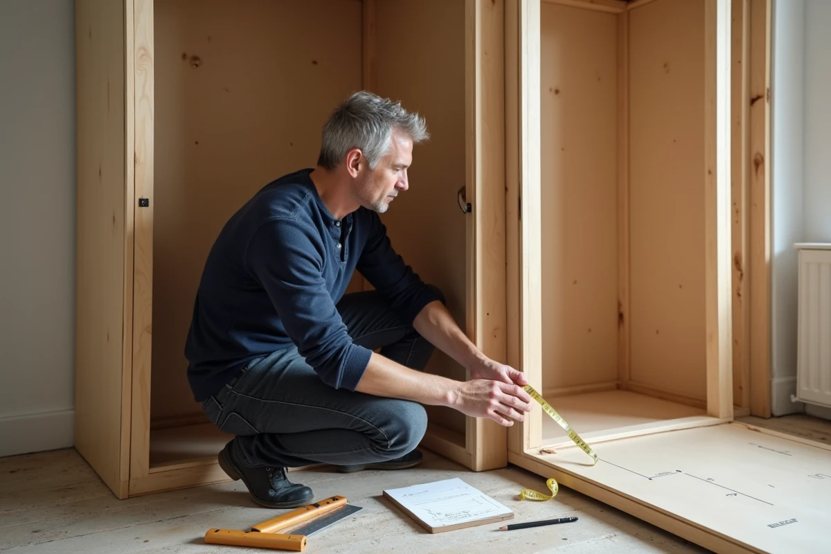 Homme mesurant l'angle d'un dressing en construction avec un mètre ruban dans une chambre en rénovation