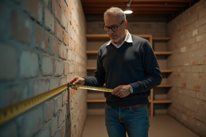 Homme d'âge moyen mesurant une cave avec un mètre ruban