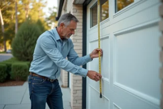 Homme mesurant la largeur d'un portail de garage moderne
