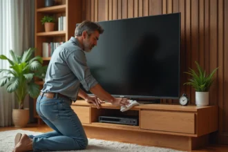 Homme d'âge moyen nettoie un meuble en bois dans un salon cosy