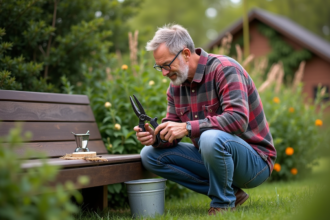 Homme d'âge moyen nettoie des outils de jardinage avec une brosse