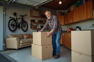 Homme organisant un garage avec des boîtes et meubles